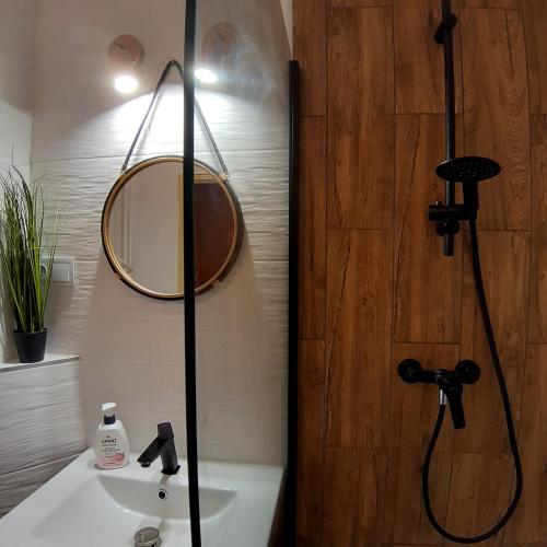 a bathroom with a shower with a sink and a mirror at Apartament Grodzka in Wałbrzych