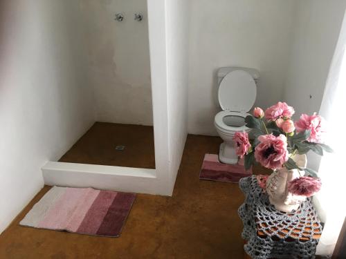 a bathroom with a toilet and a vase of flowers at Kareepoort Guest Farm in Bloemfontein