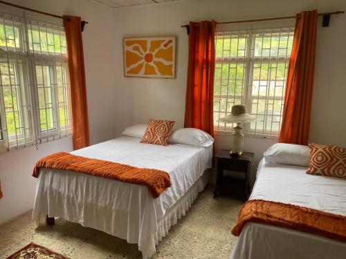 two beds in a bedroom with windows and a lamp at Tangerine Nest in Port Antonio