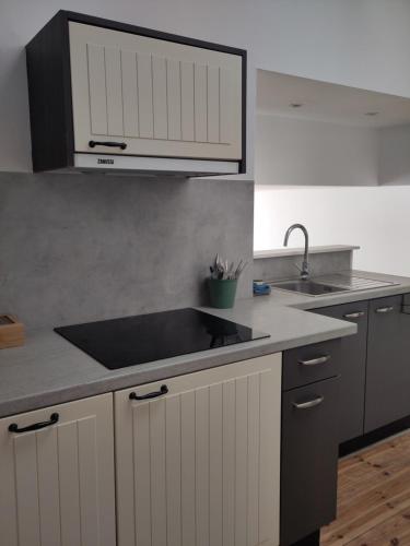 a kitchen with white cabinets and a sink at Les Trois-Escabelles in Dinant