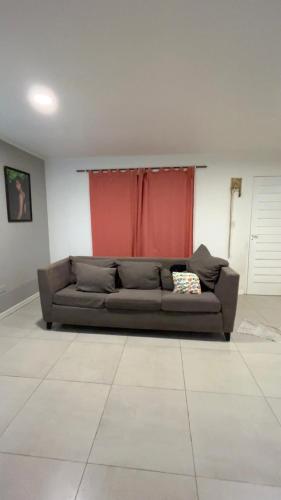 a couch in a living room with a red curtain at Habitación privada con cama matrimonial, baño y salida al jardín in Colonia Las Rosas