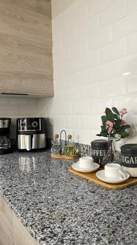 a kitchen with a counter top with dishes on it at Modern, Comfortable, Close to Beaches in Colorado