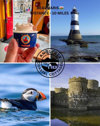 a collage of pictures with a lighthouse and a drink at Pauls Place in Brynsiencyn