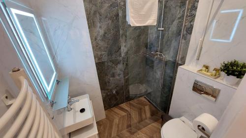 a bathroom with a shower and a toilet and a sink at City Park Home in Budapest