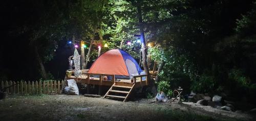a tent with a ladder in a forest at night at Doğanın Kalbinde Doğallıkla Buluşma Noktası in Inegol