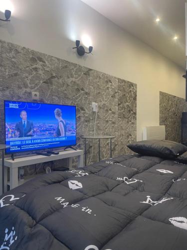 een slaapkamer met een flatscreen-tv en een bed bij Près de l aéroport Orly Parking gratuit in Villeneuve-le-Roi