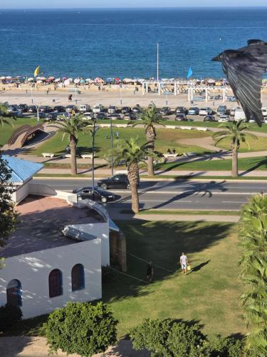 a view of a beach with palm trees and the ocean at Luxury apartment in Mdiq Morocco in M'diq