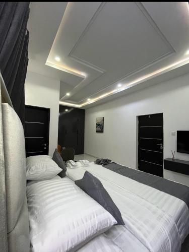 a bedroom with two beds and a television in it at R-Oak Hotels and Apartments in Abuja