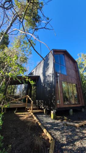 a house that is sitting in the woods at Inspiramide Pucon in Pucón