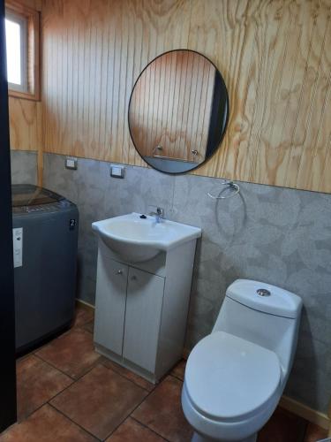 ein Badezimmer mit Toilette, Waschbecken und Spiegel in der Unterkunft Cabaña Elizabeth in Cochrane