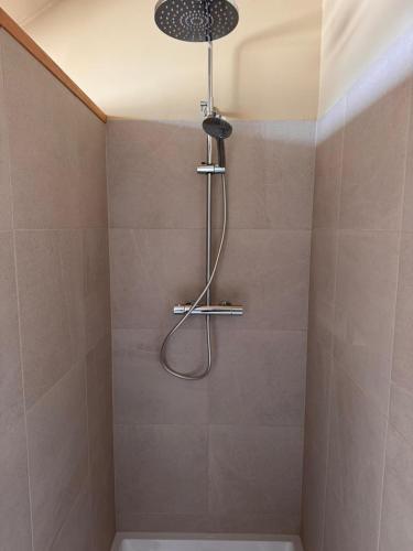 a shower with a shower head in a bathroom at Buteo chambres d'hôtes & espresso in Lesterny