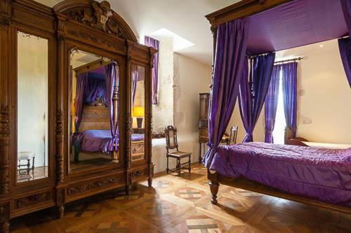 una camera con letto a baldacchino e specchio di Chateau de Lamothe d'Anthe a Tournon-dʼAgenais