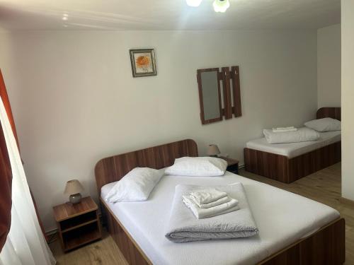 a bedroom with two beds with towels on them at Pensiunea Bujor de Munte in Cîrţişoara