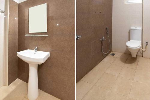 two pictures of a bathroom with a toilet and a sink at Hotel O Sagar Comforts in Bengaluru