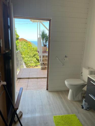 a bathroom with a toilet and a view of the ocean at Kafé House with breathtaking sea view in Deshaies