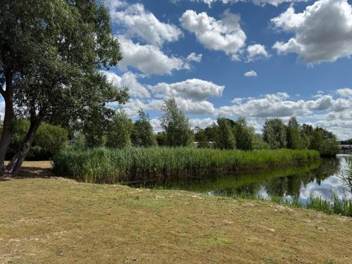 a river with grass and trees and clouds in the sky at Andreas Riverside Retreat at 7 Lakes Country Park in Crowle