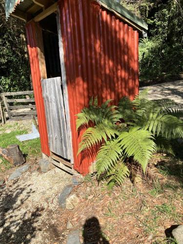 a red building with a door next to some plants at Golden Bay Glamping in Takaka