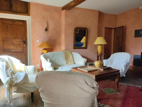 a living room with two chairs and a table at Aile de la Maison de Chouliou in Balaguères
