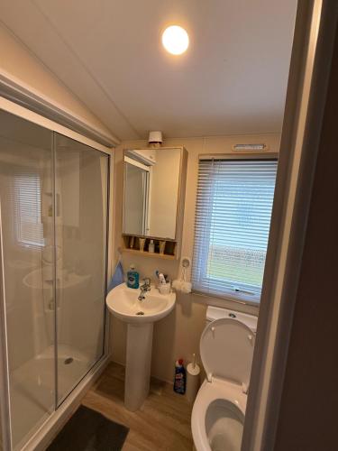 a bathroom with a toilet and a sink and a shower at Andreas Riverside Retreat at 7 Lakes Country Park in Crowle