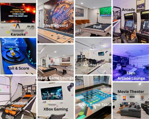 a collage of pictures of different rooms at Sauna - Hot Tub - Theater - Arcade - Family Fun in Massanutten