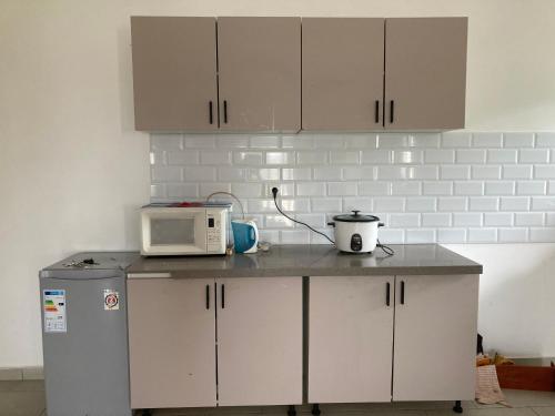 La cuisine est équipée d'un four micro-ondes et d'un réfrigérateur. dans l'établissement Un logement spacieux, à Toamasina