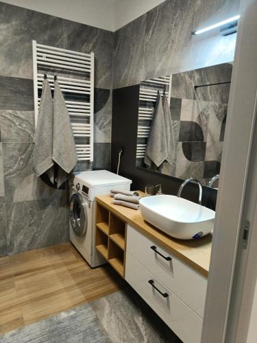 a bathroom with a sink and a washing machine at APART FLOW Walendów Park in Nadarzyn