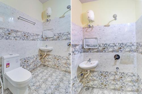two pictures of a bathroom with a toilet and a sink at Hotel O Abhi's R Square in Upal