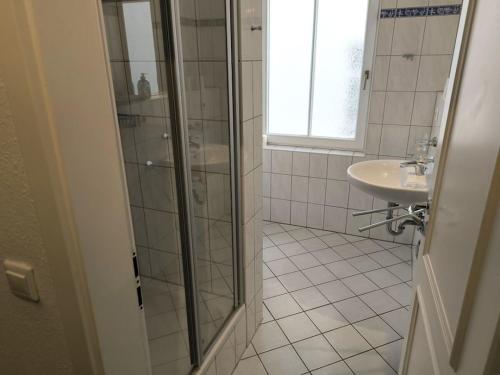 ゲーレンにあるVilla Heimkehr Apartment 10のガラスのシャワーと洗面台を備えたバスルーム