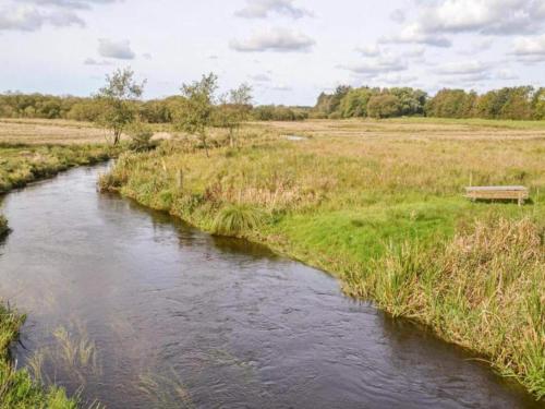 a bench sitting next to a river in a field at 5 star holiday home in Hovborg-By Traum in Hovborg