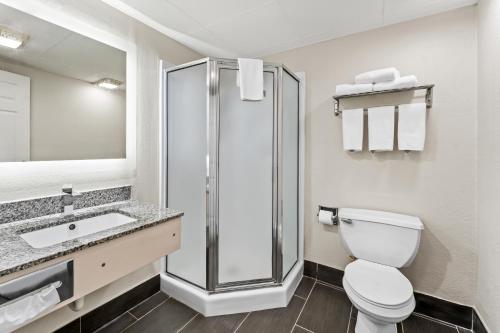 a bathroom with a toilet and a sink and a shower at Quality Inn & Suites near Robins Air Force Base in Warner Robins