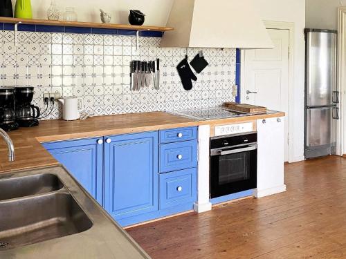 a kitchen with blue cabinets and a sink at Scenic Retreat in Boddum - By Traum Ferienwohnungen in Boddum