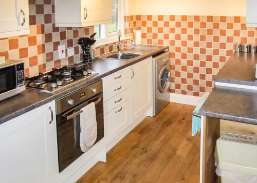 a kitchen with a sink and a stove top oven at Oak Farm Lodges in Roydon