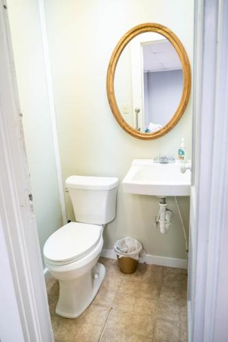 a bathroom with a toilet and a sink and a mirror at Perfect in Pilot Mtn-Unit 1 Walk to Downtown! in Pilot Mountain