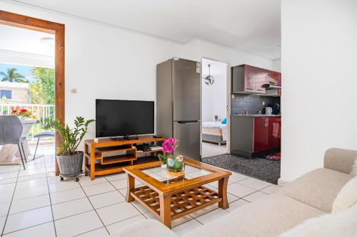 a living room with a couch and a tv at Le Murmure des Vagues, la clim, la plage à 300m, pour 6 personnes in Saint-Paul