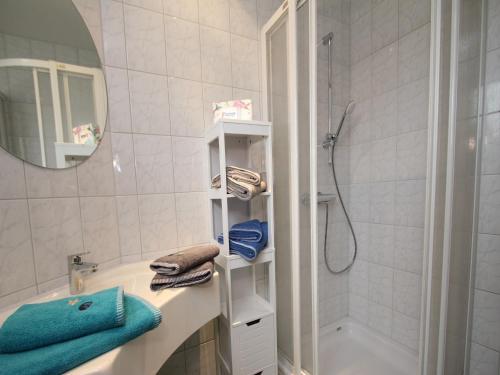 a bathroom with a sink and a shower and a mirror at Reihenhaus am Groß Labenzer See, Klein Labenz in Klein Labenz