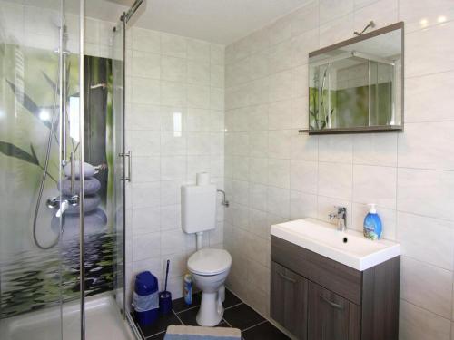 a bathroom with a shower and a toilet and a sink at Wunderschönes Ferienhaus am Schilfufer in Barth in Barth