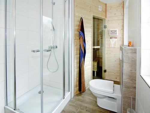 a bathroom with a shower and a toilet at Haus in Vieregge am Breetzer Bodden in Vieregge