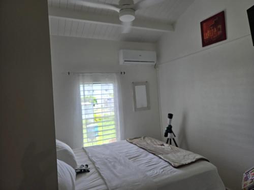 a white bedroom with a bed and a window at Maison confortable à Baie-Mahault avec jardin privatif in Baie-Mahault