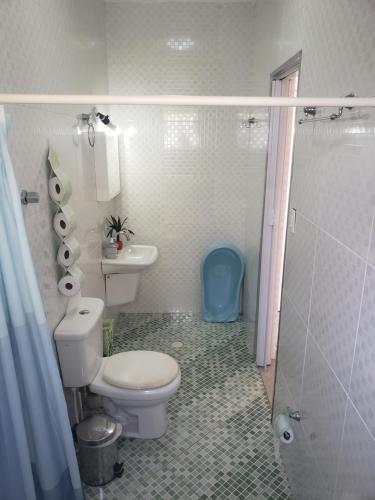 a bathroom with a toilet and a sink and a shower at Chácara Bela Vista Mairiporã in Mairiporã