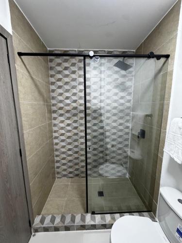 カリにあるVenezia 202の浴室のガラス扉付きシャワー
