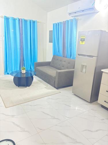 a living room with a couch and a refrigerator at StylishLuxury Stay-Phoenix Park in Kingston