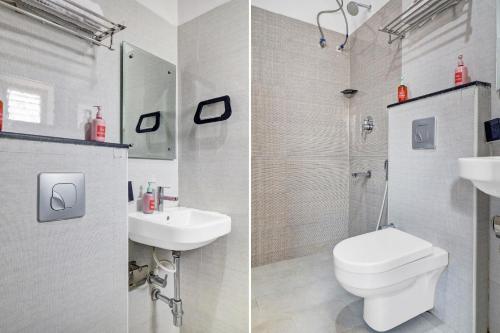 two pictures of a bathroom with a toilet and a sink at Super Townhouse RCC PARK VIEW INN in Hyderabad