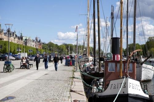 un grupo de barcos estacionados junto a un muelle en Pärlan Hotell en Estocolmo