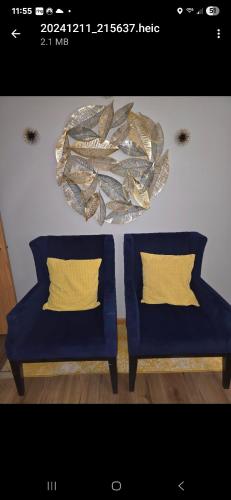 two blue chairs with yellow pillows in a room at Luxx Guest House in Milwaukee