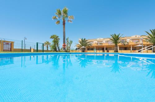 una gran piscina con palmeras y un edificio en Apartamento Tortuga Laúd en Tarifa