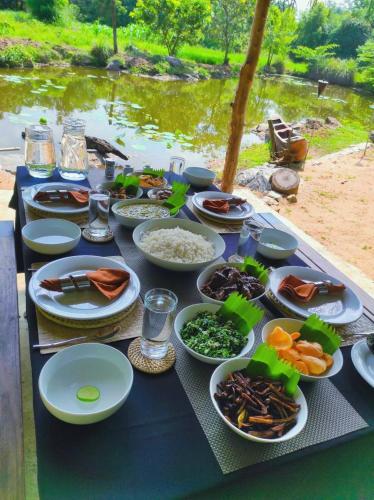 a blue table with plates of food on it at Turtle Pond Wilpattu in Wilpattu