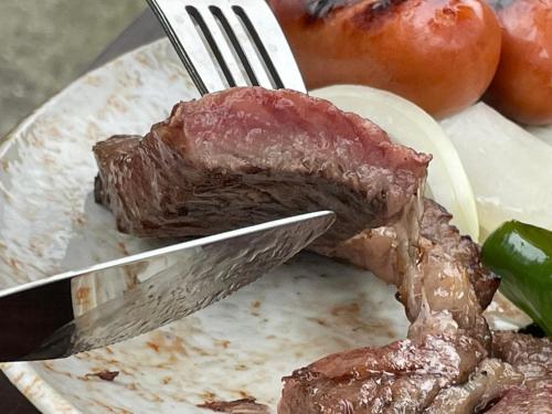 a steak on a plate with a fork and knife at TAKUMI-AN Private Ancient House and Garden in Numazu