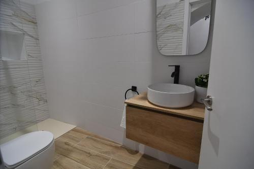 a bathroom with a sink and a toilet and a mirror at La Caseta del Priorat III in Porrera