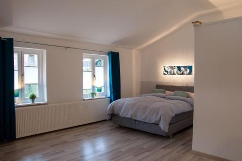 a bedroom with a bed and two windows at Ferienhaus Brauner Hirsch in Celle