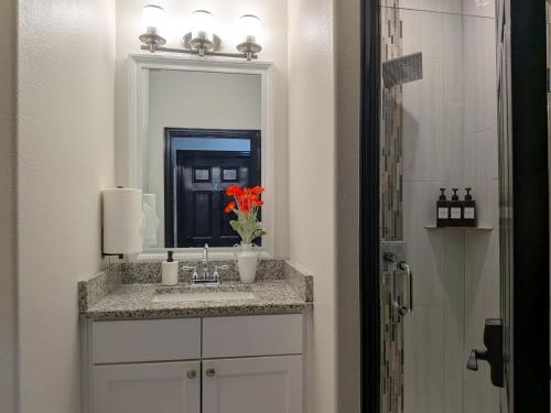 a bathroom sink with a mirror and a vase of flowers at Bishop Hostel in Dallas